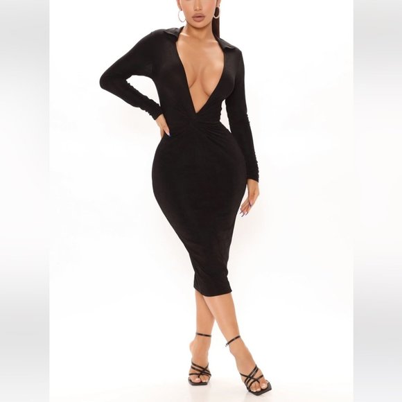 Fashion Nova Dresses & Skirts - Fashion Nova Office Talk Slinky Long Sleeve Midi Dress - Black